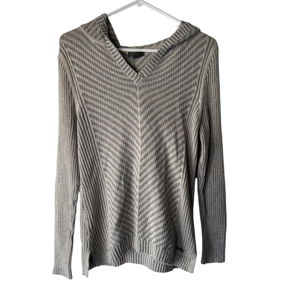 Eddie Bauer Womens Grey Chevron Ribbed Knit V-Neck Hoodie Sweater Size M